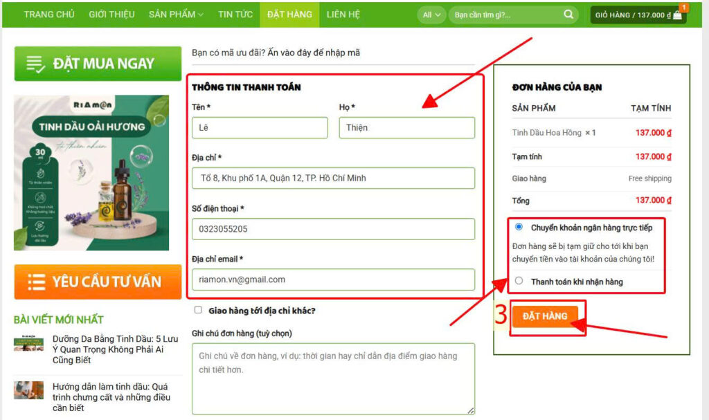 Thanh toán đơn hàng và nhập thông tin